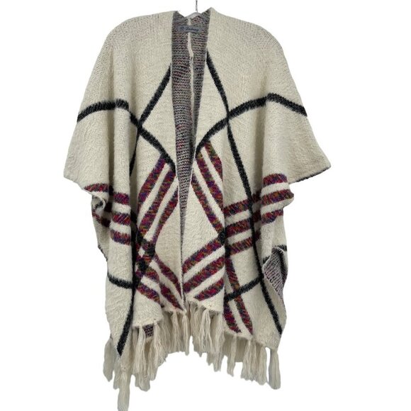Desheng Rainbow Plaid Striped Fringe Poncho‎ Shawl Women's One Size Soft Cozy - Picture 1 of 9